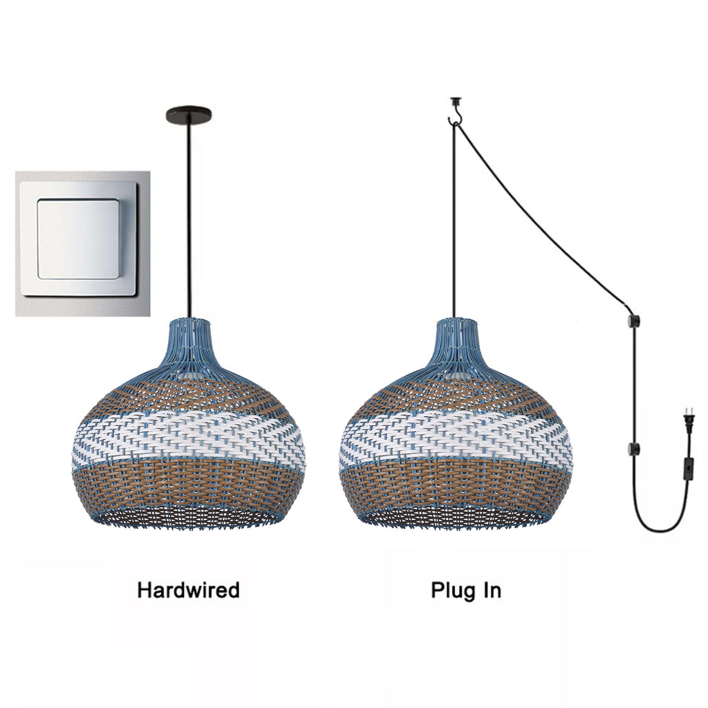 Courtland Blue Rattan Pendant Light Woven Coastal Kitchen Chandelier