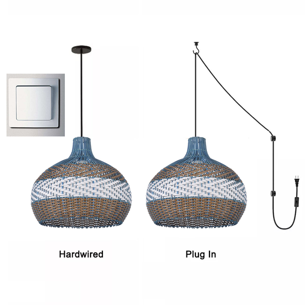 Courtland Blue Rattan Pendant Light Woven Coastal Kitchen Chandelier