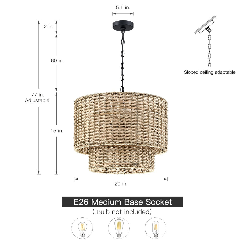 2-Tier Seagrass Chandelier Handwoven Boho Living Room Pendant