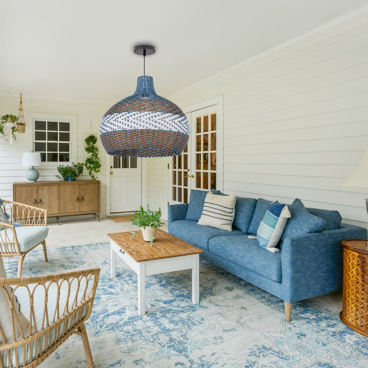Courtland Blue Rattan Pendant Light Woven Coastal Kitchen Chandelier