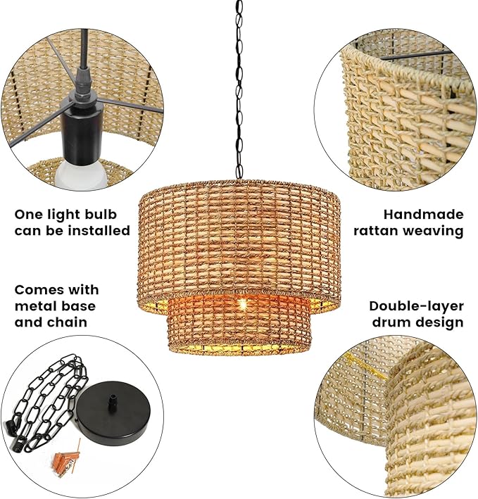 2-Tier Seagrass Chandelier Handwoven Boho Living Room Pendant