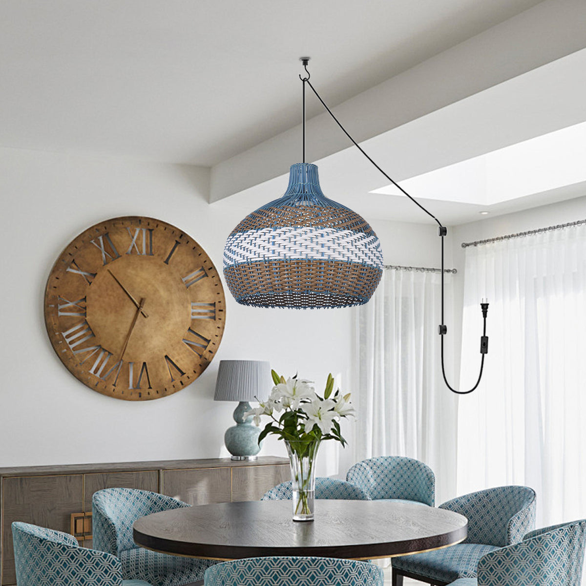 Courtland Blue Rattan Pendant Light Woven Coastal Kitchen Chandelier