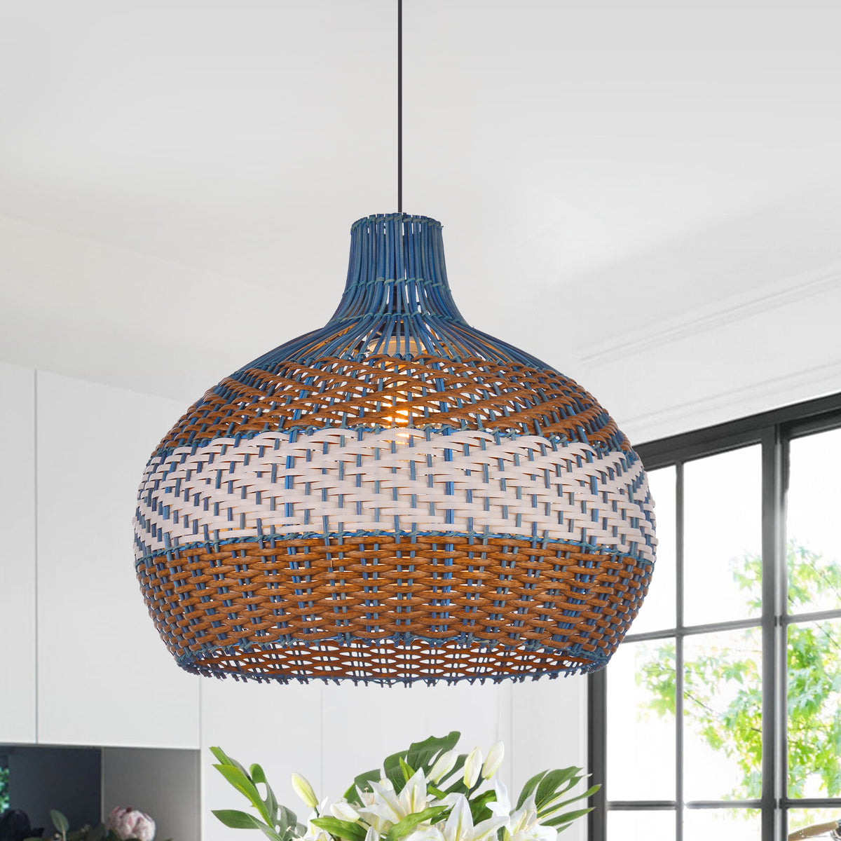 Courtland Blue Rattan Pendant Light Woven Coastal Kitchen Chandelier