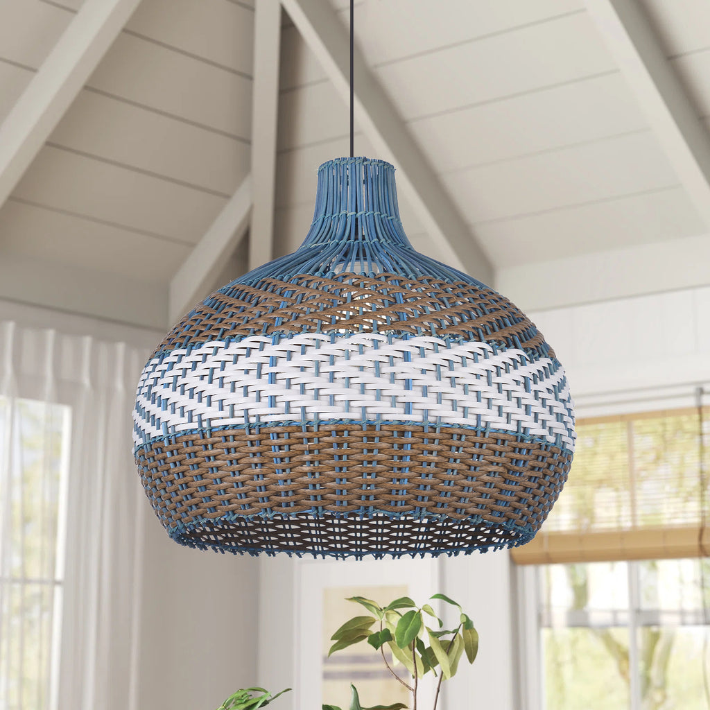 Courtland Blue Rattan Pendant Light Woven Coastal Kitchen Chandelier