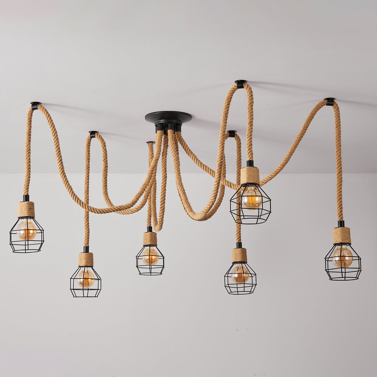 6-Lights Brown Spherical Cage Rope Pendant Lighting