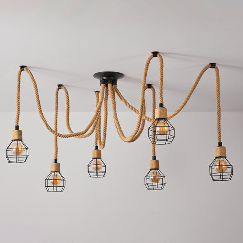 6-Lights Brown Spherical Cage Rope Pendant Lighting