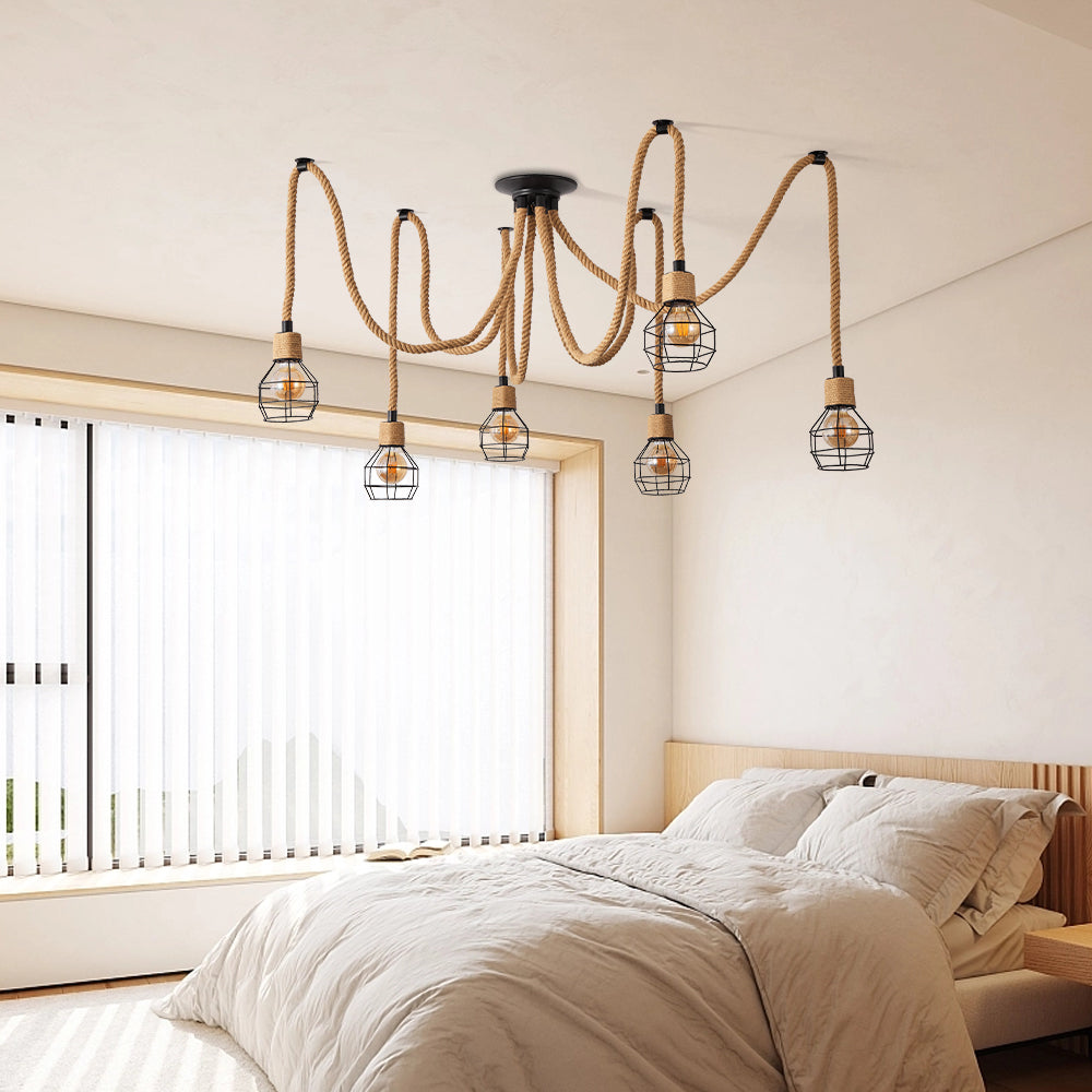6-Lights Brown Spherical Cage Rope Pendant Lighting