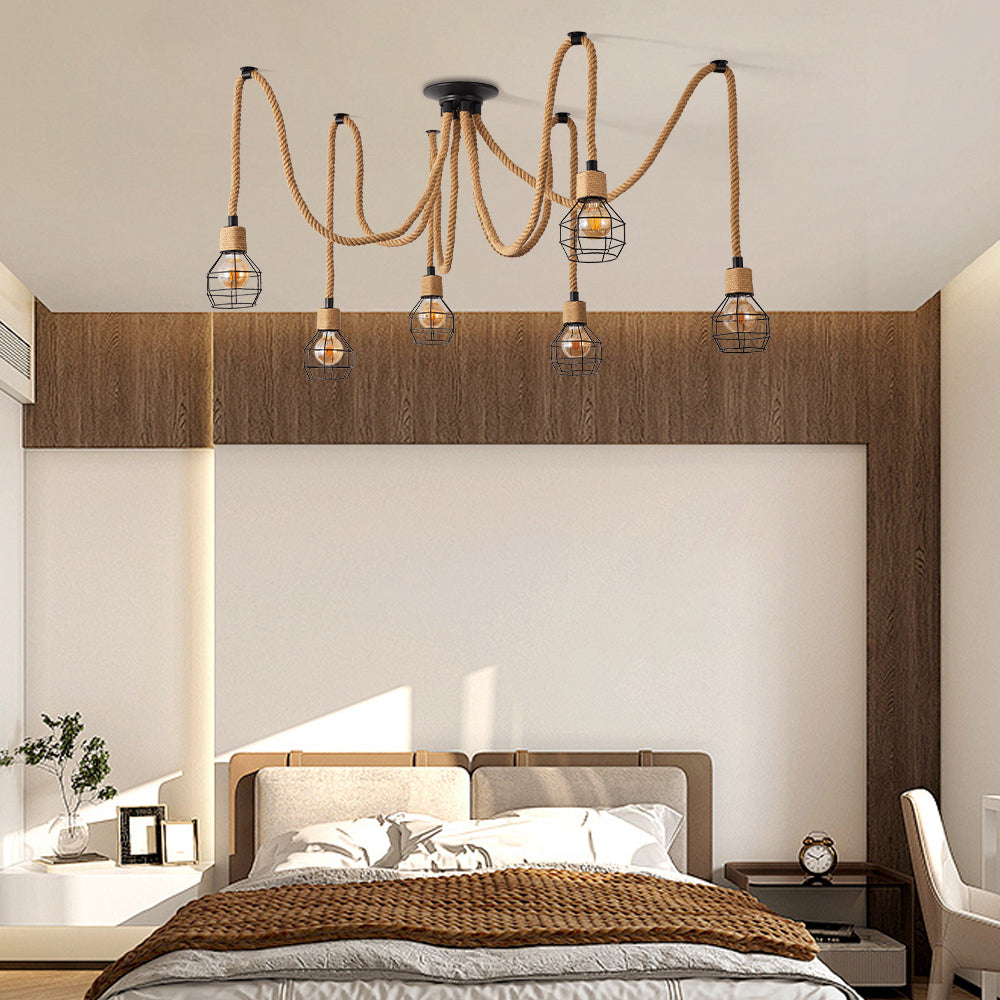 6-Lights Brown Spherical Cage Rope Pendant Lighting