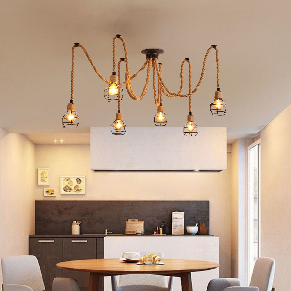 6-Lights Brown Spherical Cage Rope Pendant Lighting