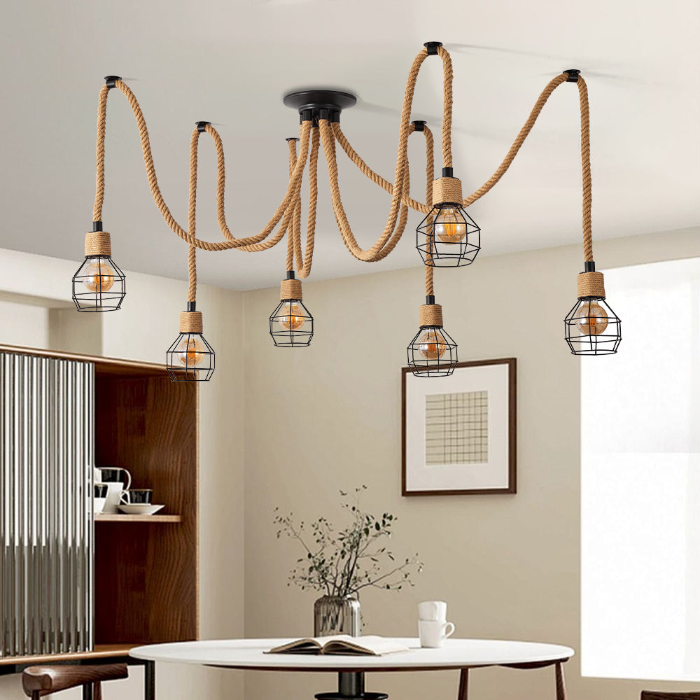 6-Lights Brown Spherical Cage Rope Pendant Lighting