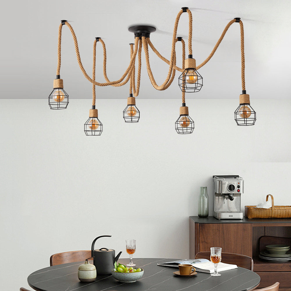6-Lights Brown Spherical Cage Rope Pendant Lighting