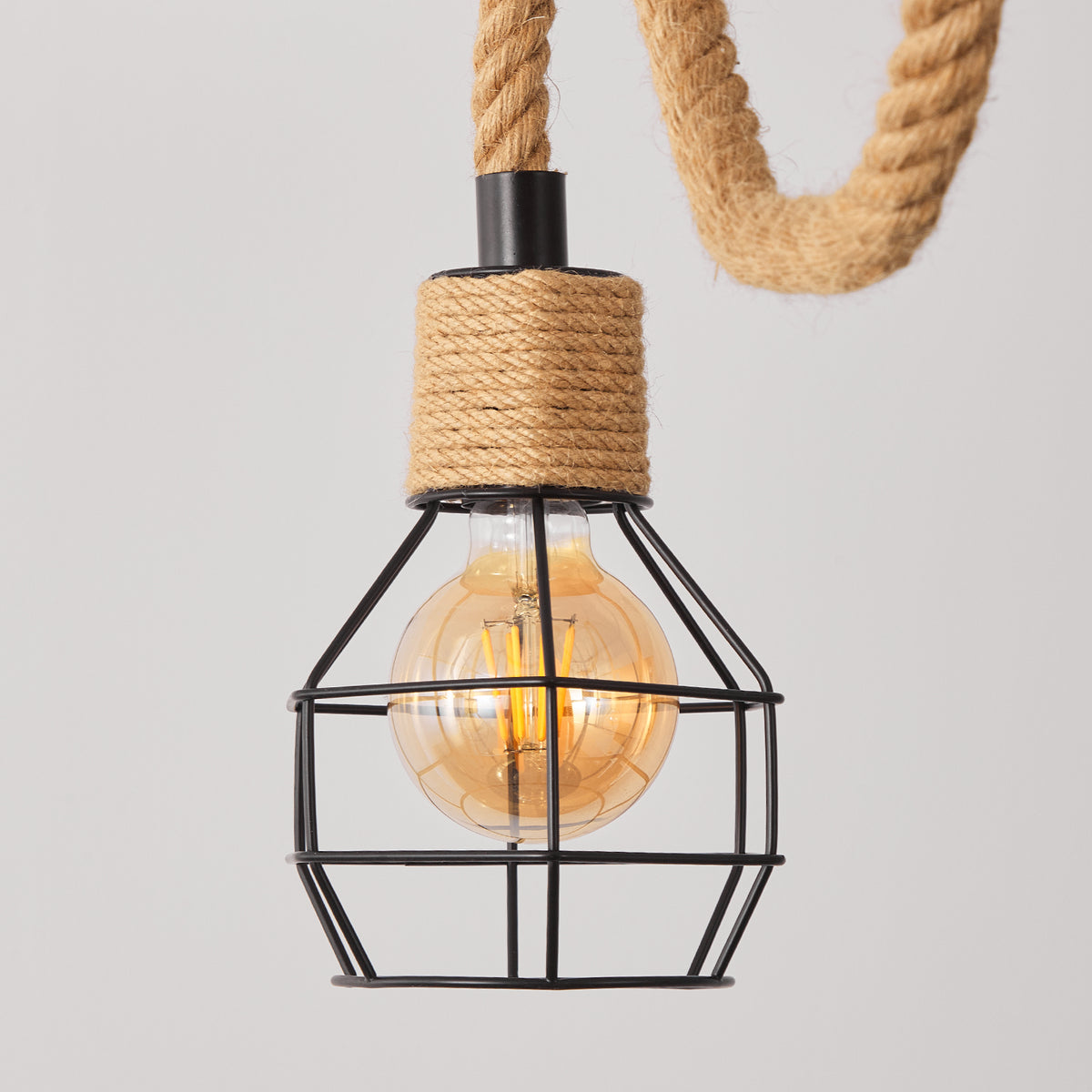 6-Lights Brown Spherical Cage Rope Pendant Lighting