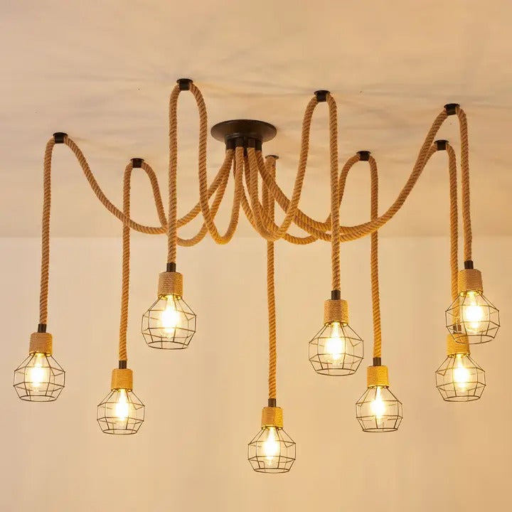 6-Lights Brown Spherical Cage Rope Pendant Lighting