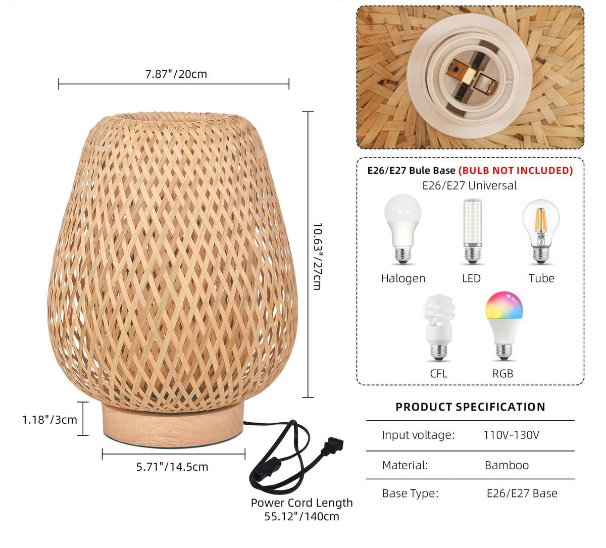Bamboo Desk Lamp Reading Light Wood Bedside Table Lamps