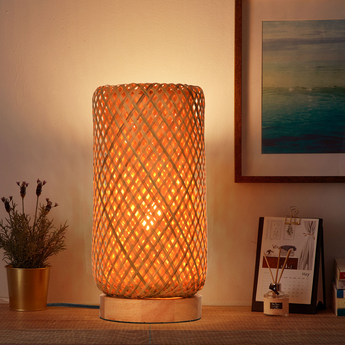 Bamboo Woven Bedside Lamp Boho Rattan Table Lamp