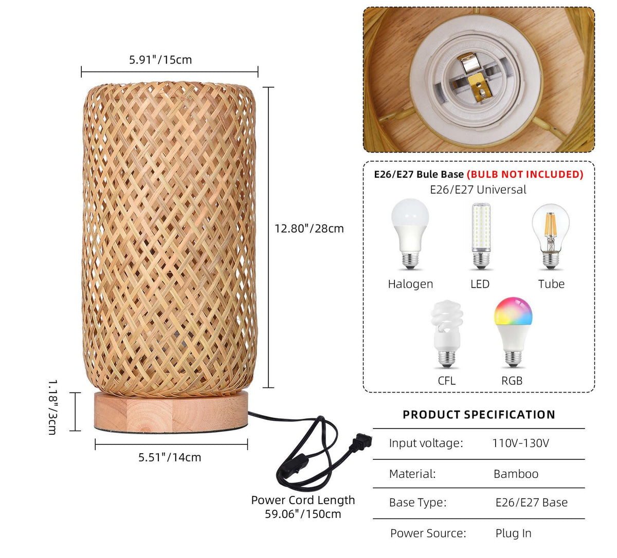 Bamboo Woven Bedside Lamp Boho Rattan Table Lamp
