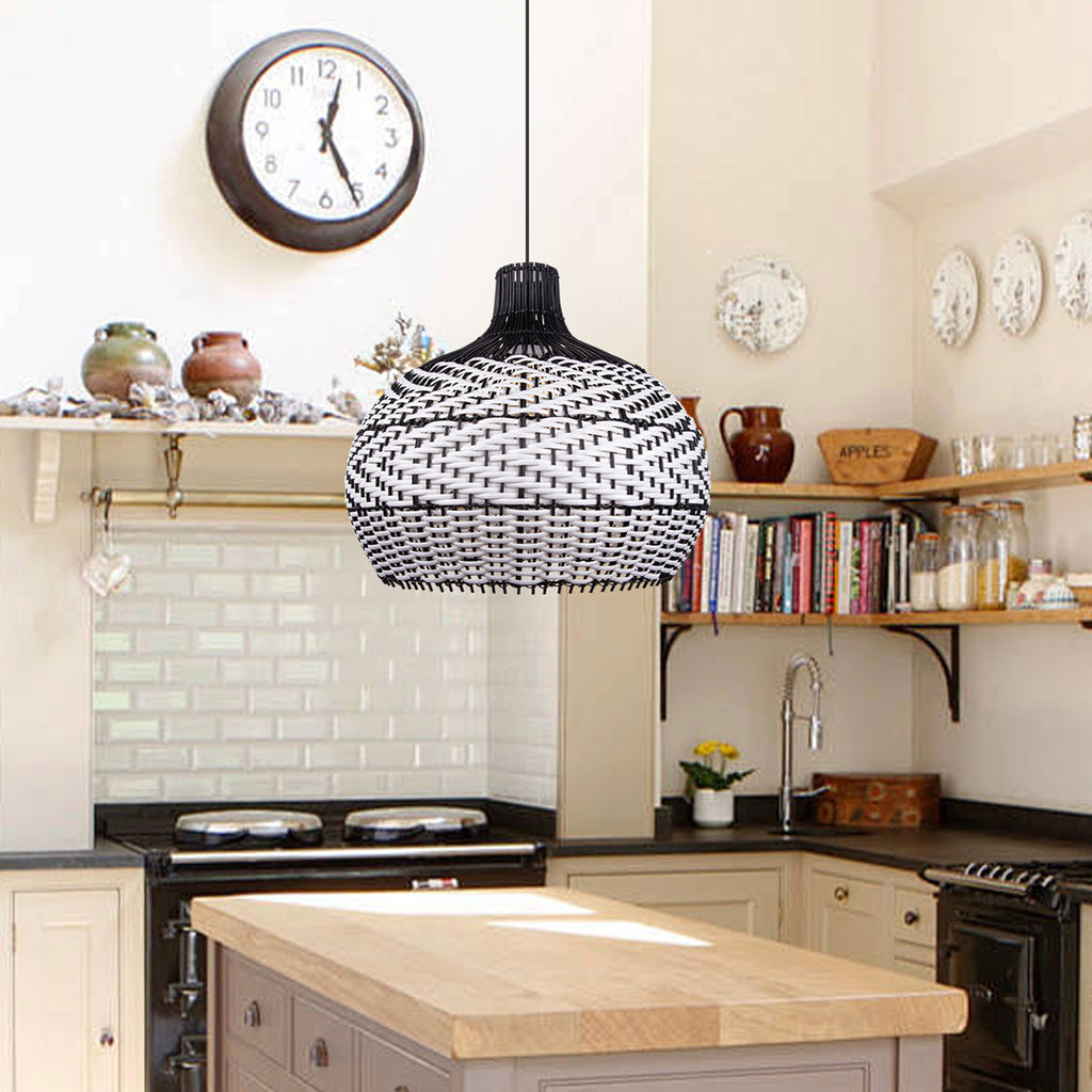 Black and White Rattan Pendant Light Interior Kitchen Island Design