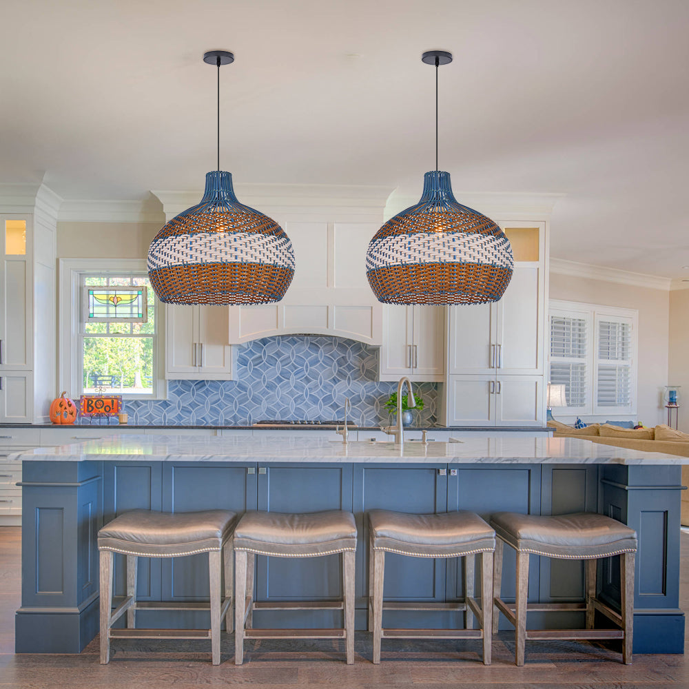 Courtland Blue Rattan Pendant Light Woven Coastal Kitchen Chandelier
