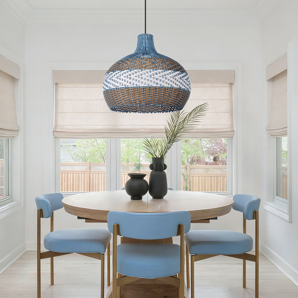 Courtland Blue Rattan Pendant Light Woven Coastal Kitchen Chandelier
