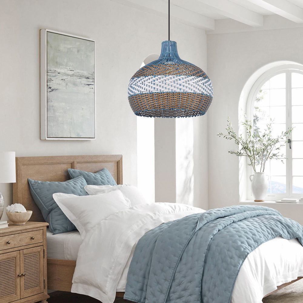 Courtland Blue Rattan Pendant Light Woven Coastal Kitchen Chandelier
