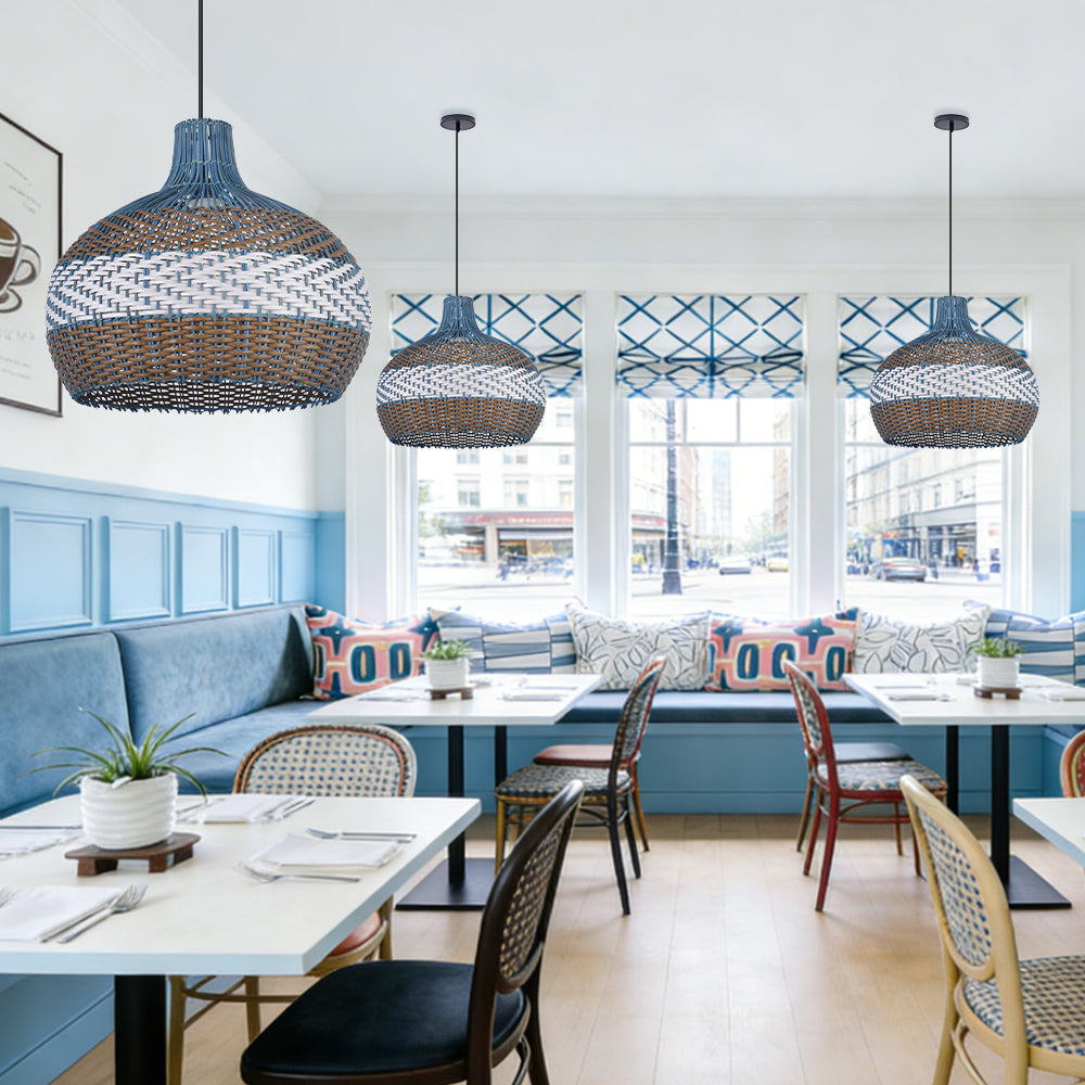 Courtland Blue Rattan Pendant Light Woven Coastal Kitchen Chandelier