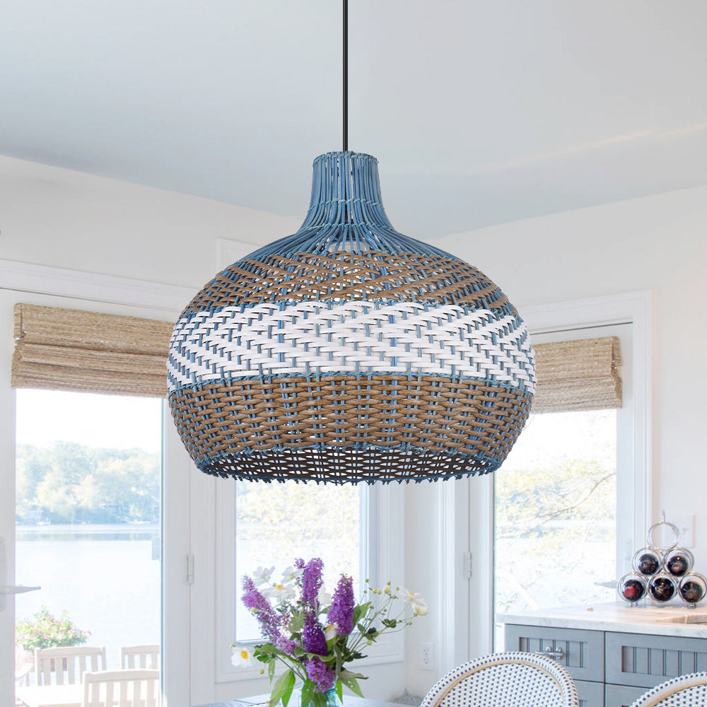 Courtland Blue Rattan Pendant Light Woven Coastal Kitchen Chandelier