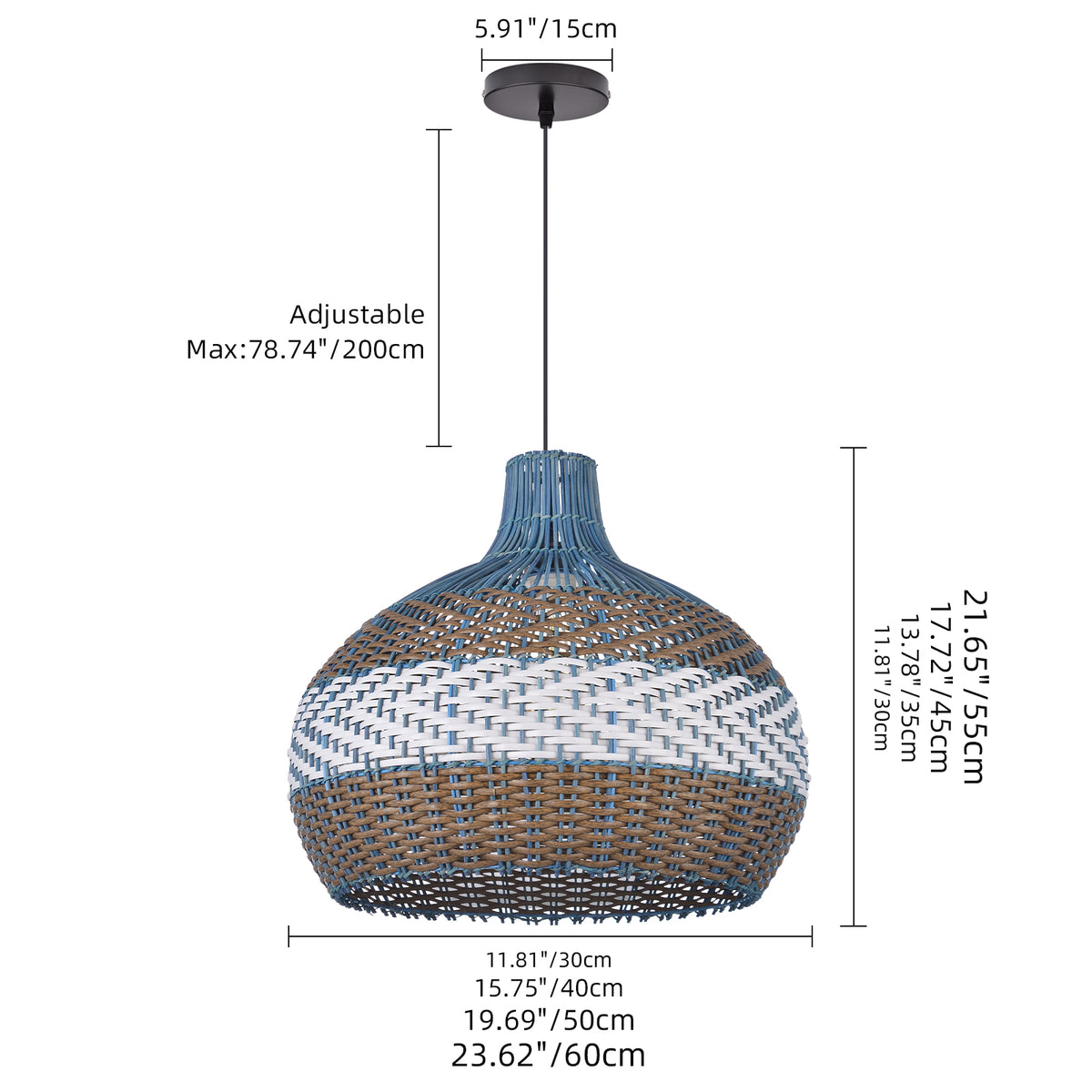 Courtland Blue Rattan Pendant Light Woven Coastal Kitchen Chandelier