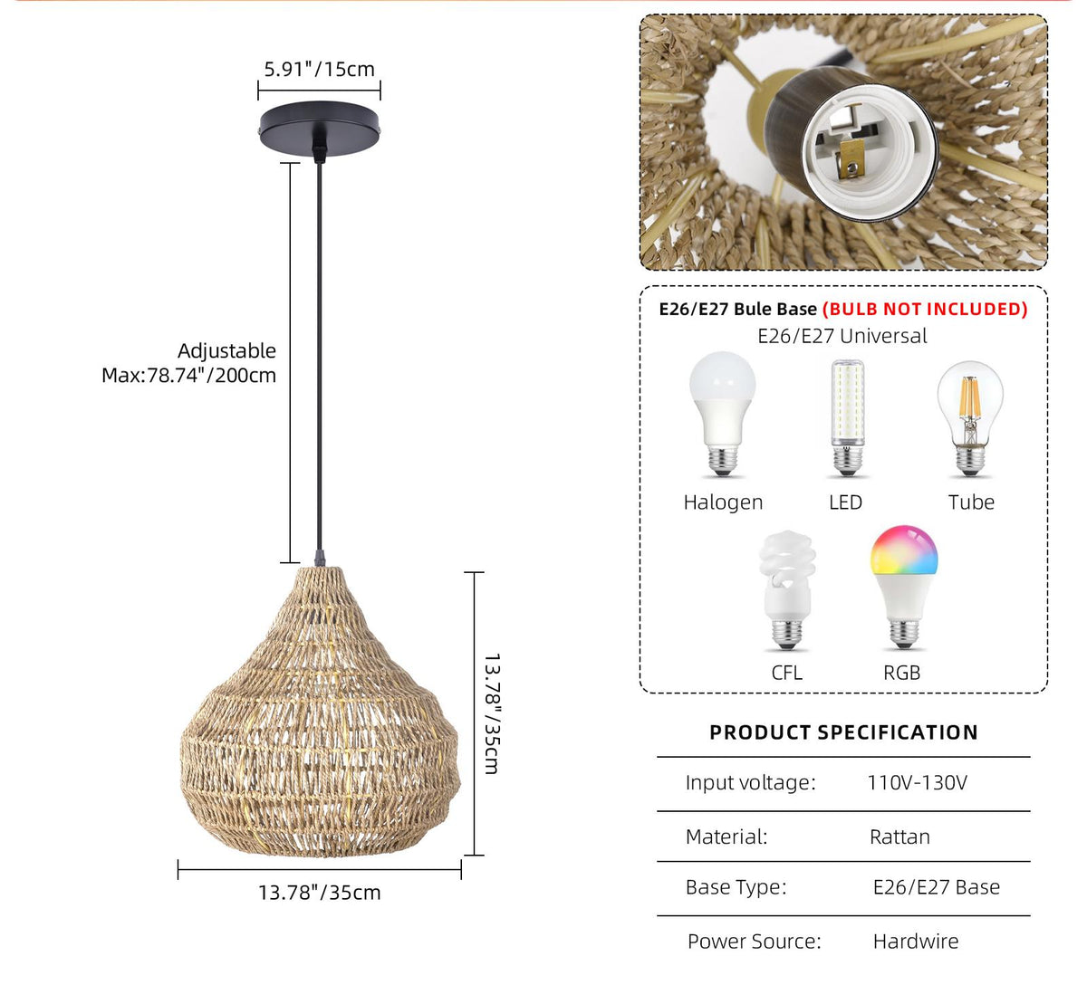 Boho Chandelier Seagrass Pendant Light Shades for Dining Room