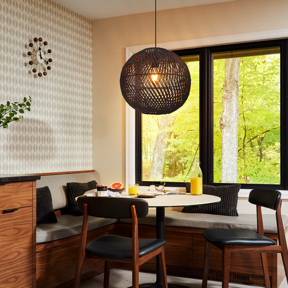 Round Rattan Pendant Light Black & Natural Woven Island Lighting