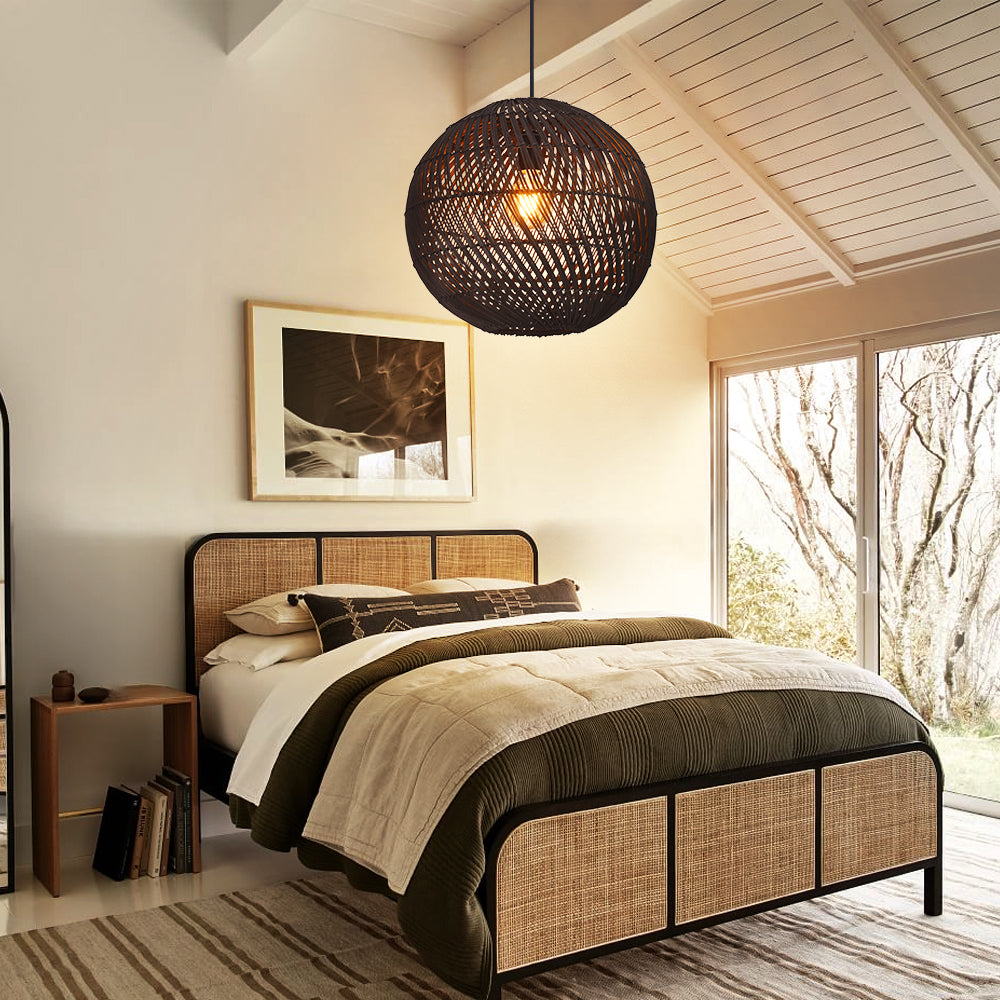 Round Rattan Pendant Light Black & Natural Woven Island Lighting