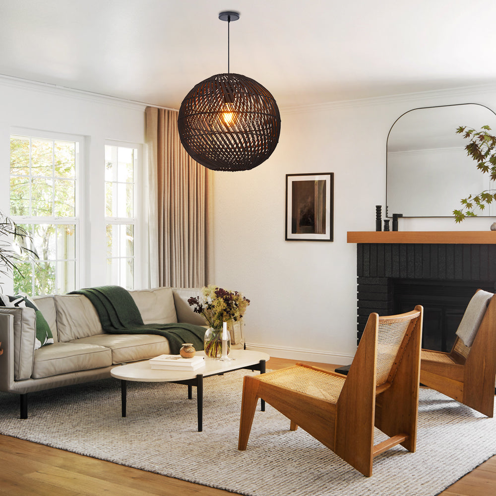Round Rattan Pendant Light Black & Natural Woven Island Lighting