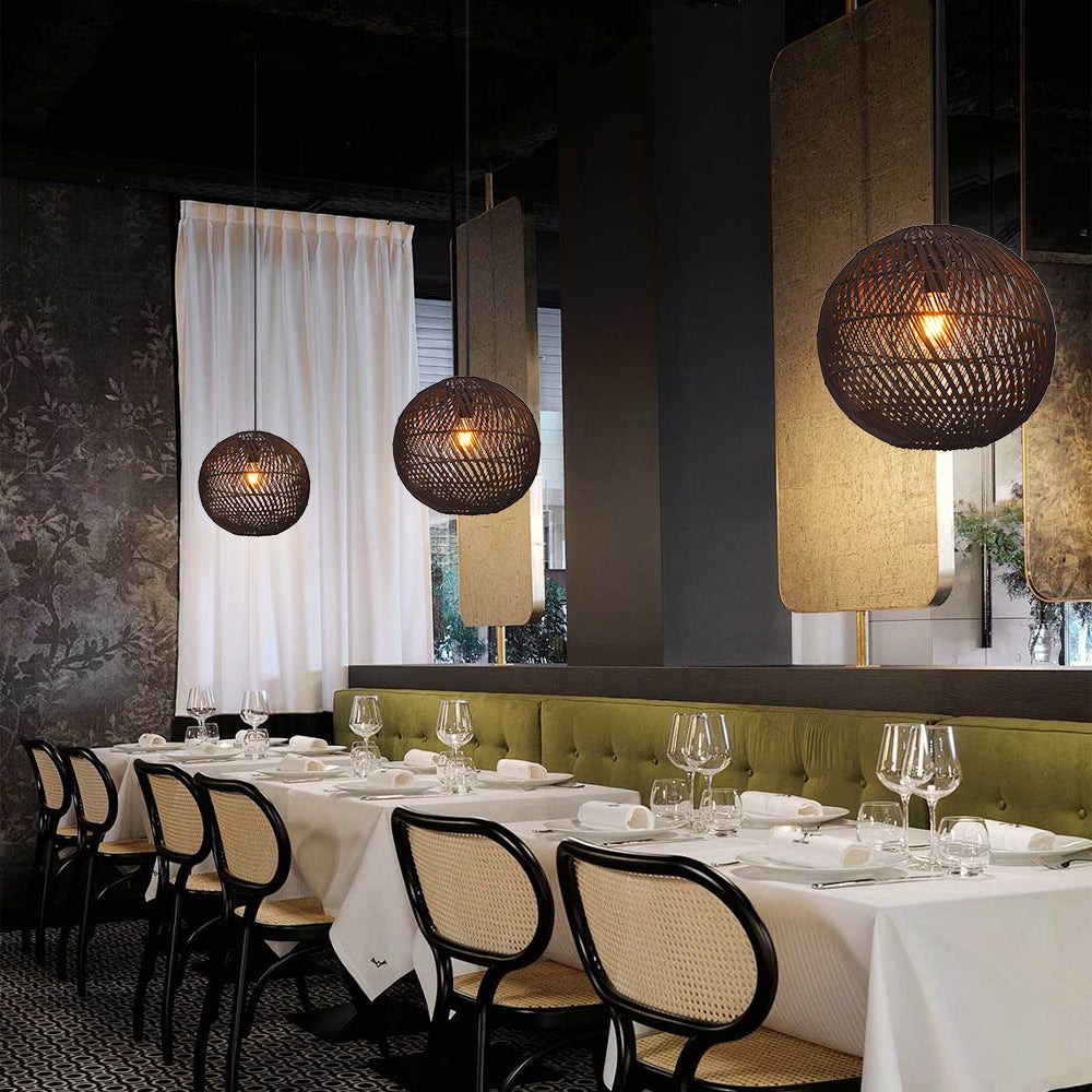 Round Rattan Pendant Light Black & Natural Woven Island Lighting