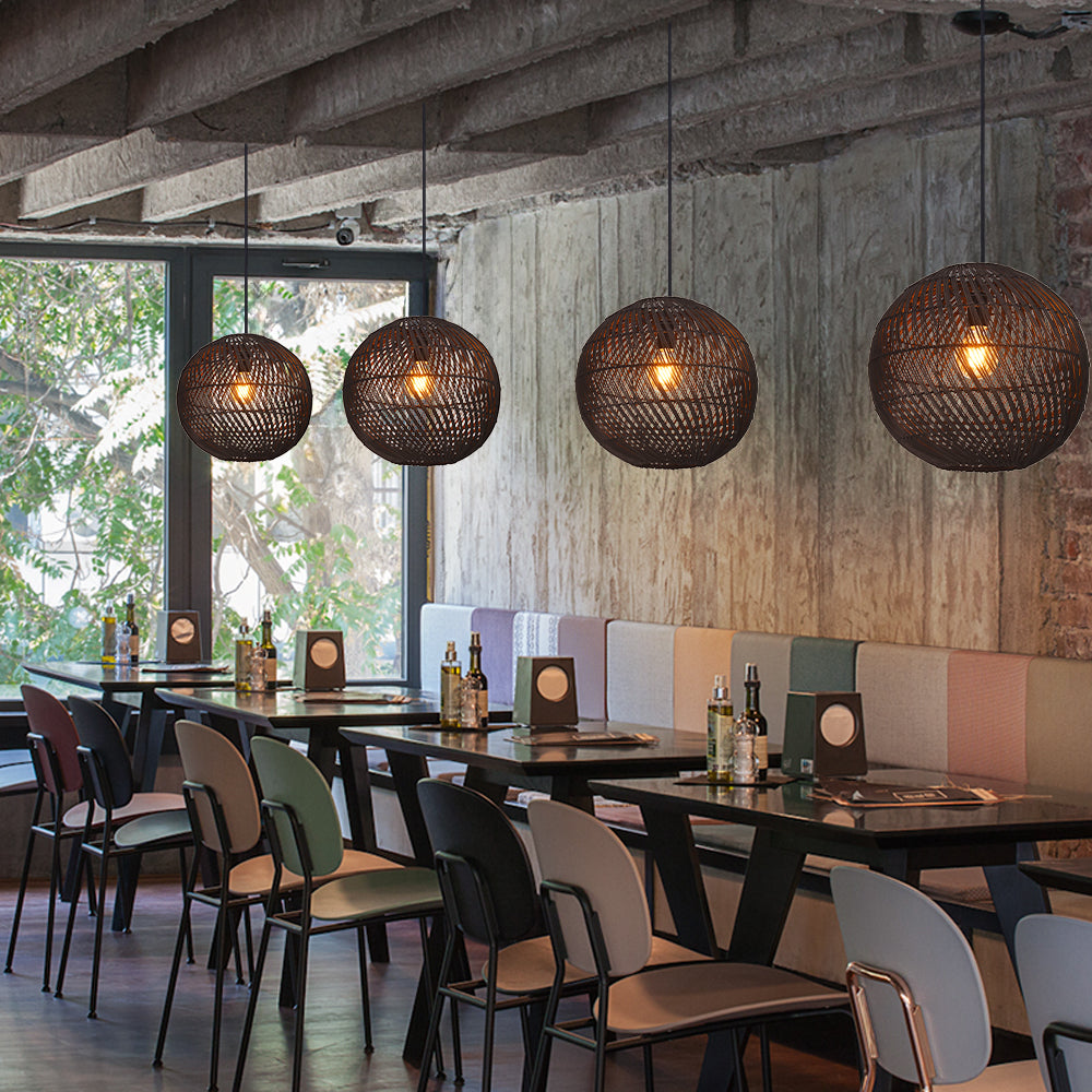 Round Rattan Pendant Light Black & Natural Woven Island Lighting
