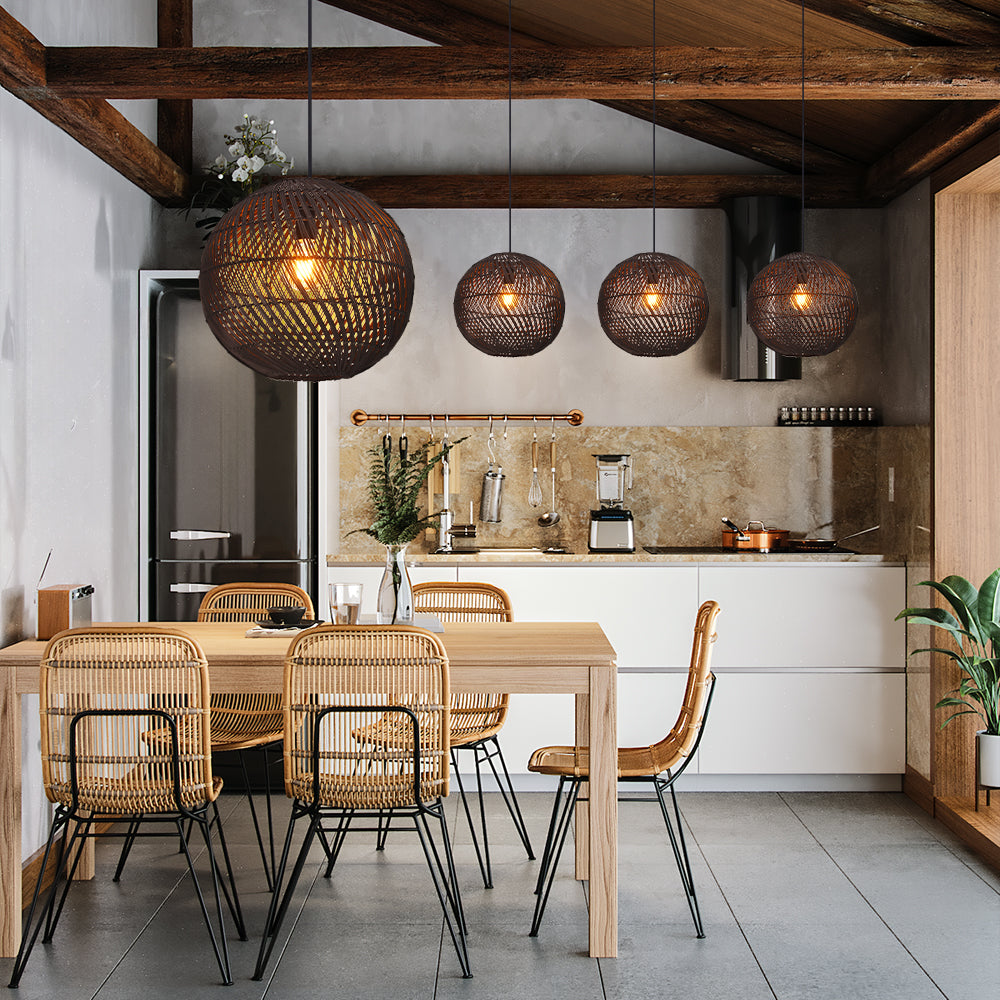 Round Rattan Pendant Light Black & Natural Woven Island Lighting