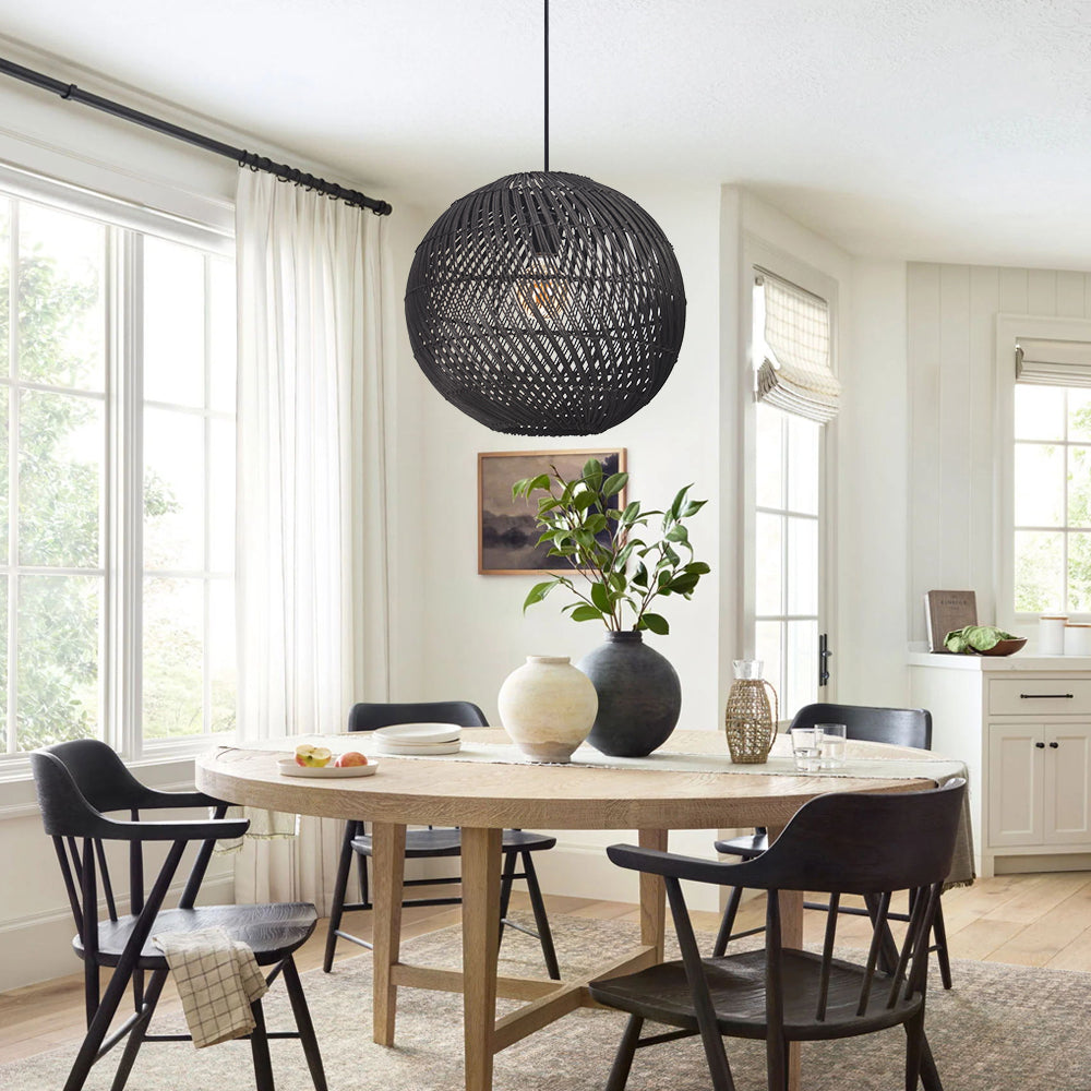 Round Rattan Pendant Light Black & Natural Woven Island Lighting