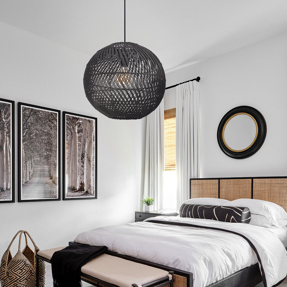 Round Rattan Pendant Light Black & Natural Woven Island Lighting
