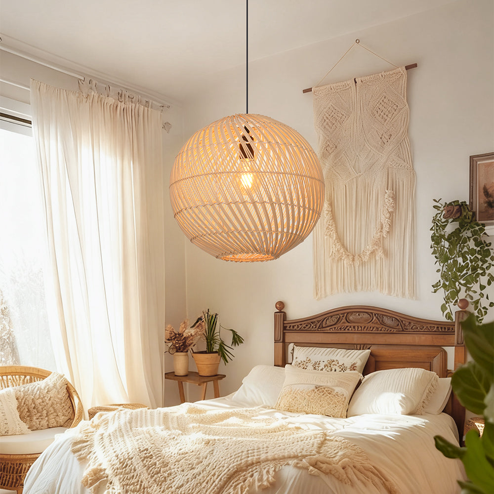 Round Rattan Pendant Light Black & Natural Woven Island Lighting
