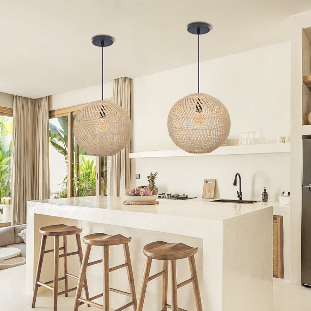 Round Rattan Pendant Light Black & Natural Woven Island Lighting