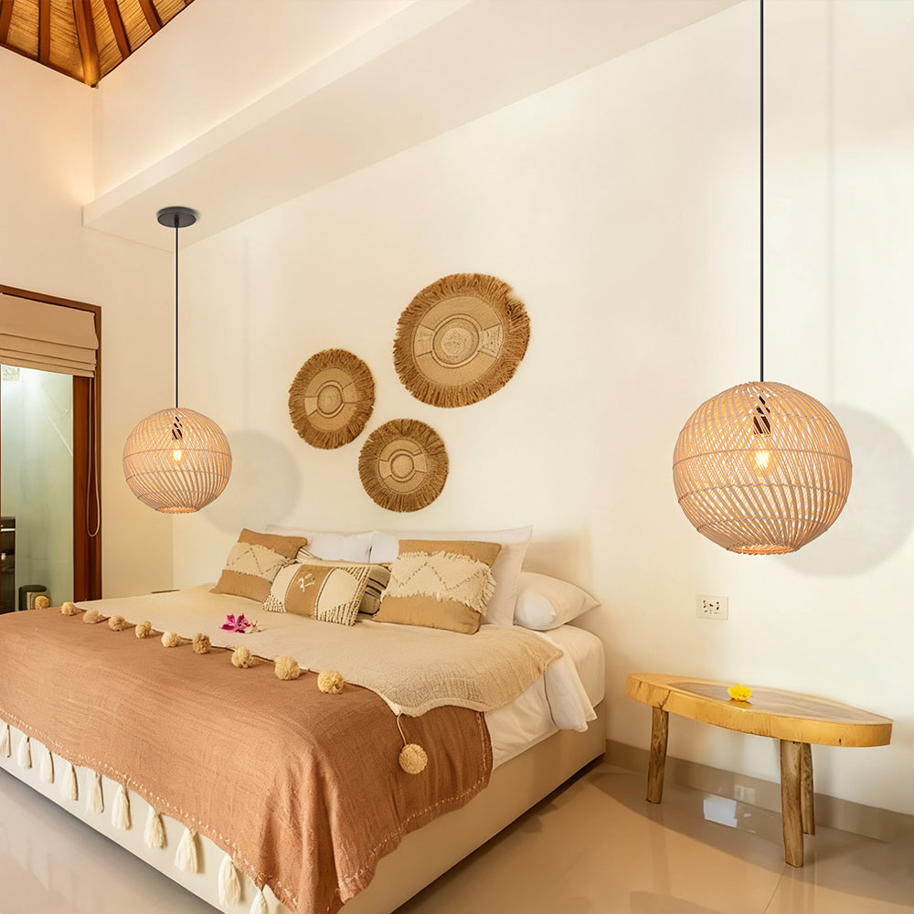 Round Rattan Pendant Light Black & Natural Woven Island Lighting