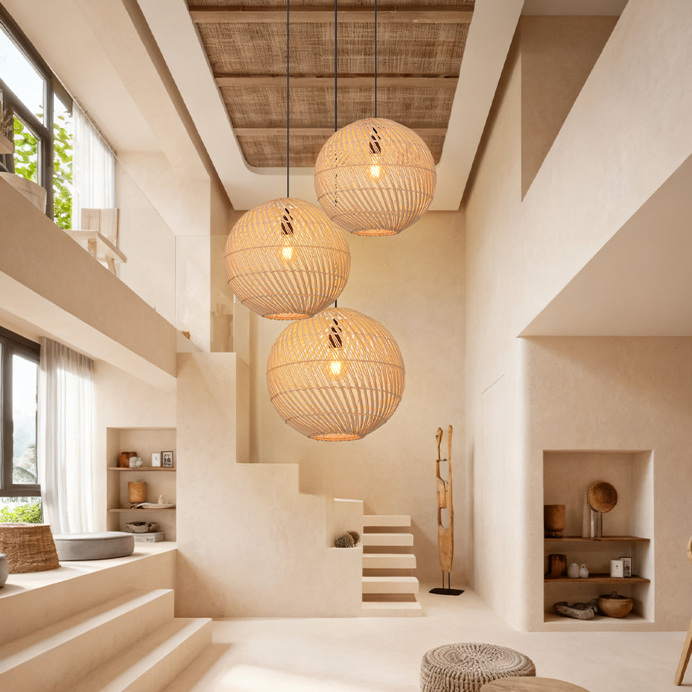 Round Rattan Pendant Light Black & Natural Woven Island Lighting
