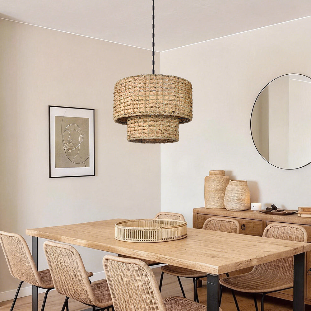 2-Tier Seagrass Chandelier Handwoven Boho Living Room Pendant