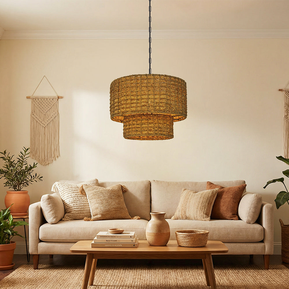 2-Tier Seagrass Chandelier Handwoven Boho Living Room Pendant