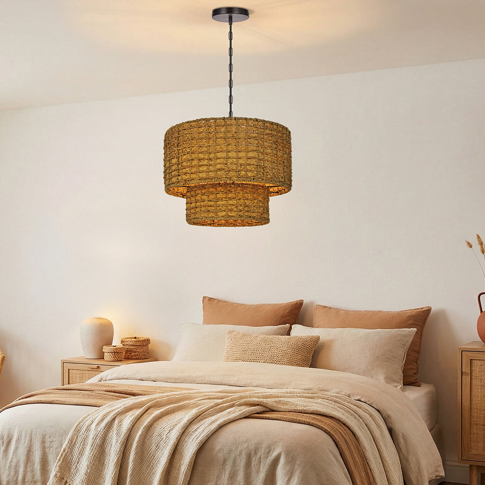 2-Tier Seagrass Chandelier Handwoven Boho Living Room Pendant