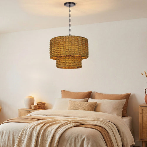 2-Tier Seagrass Chandelier Handwoven Boho Living Room Pendant