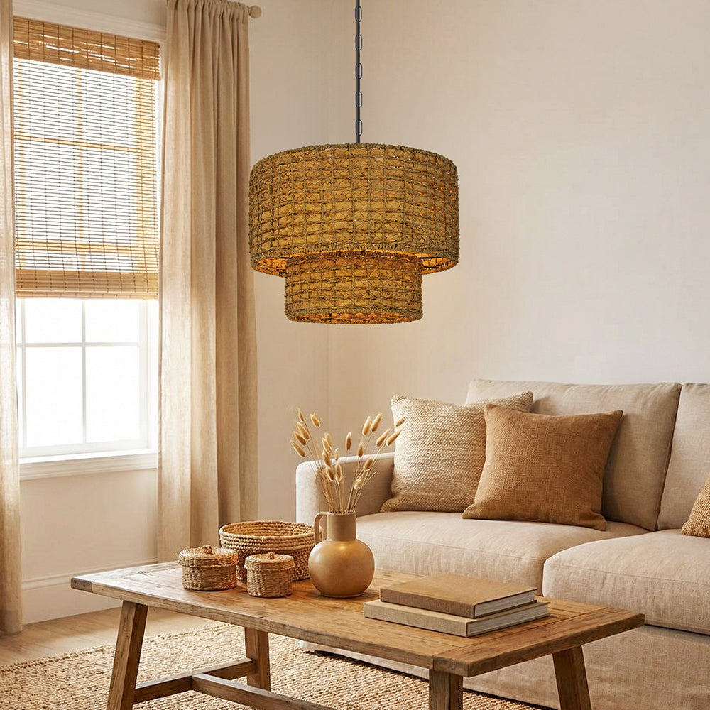 2-Tier Seagrass Chandelier Handwoven Boho Living Room Pendant