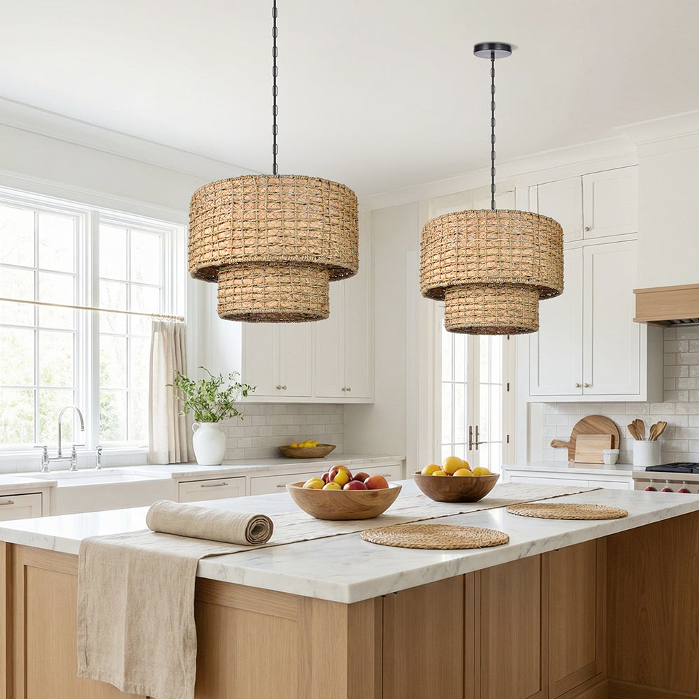 2-Tier Seagrass Chandelier Handwoven Boho Living Room Pendant