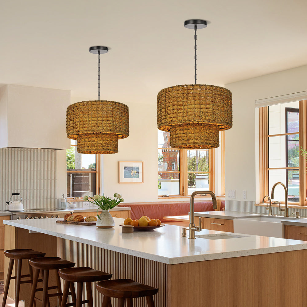 2-Tier Seagrass Chandelier Handwoven Boho Living Room Pendant