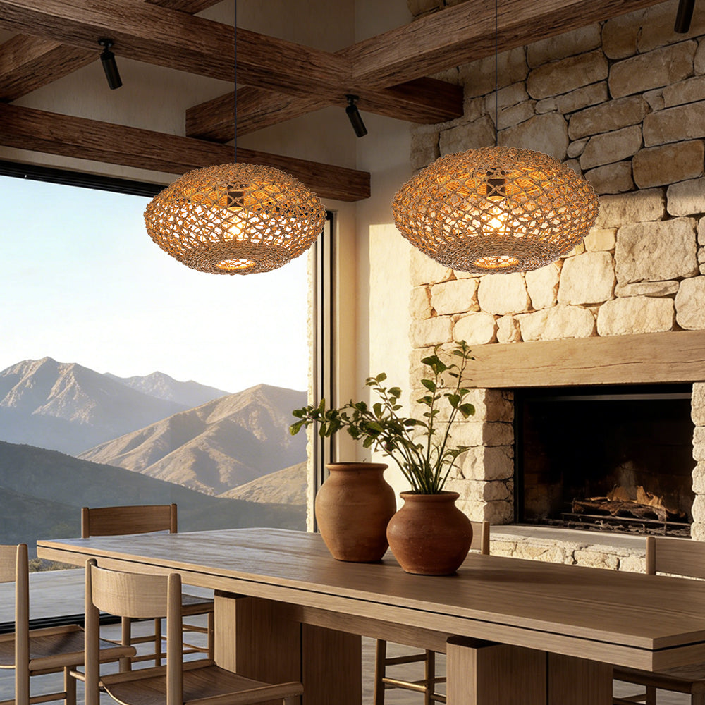 Rustic Seagrass Hanging Lamp Farmhouse Living Room Pendant