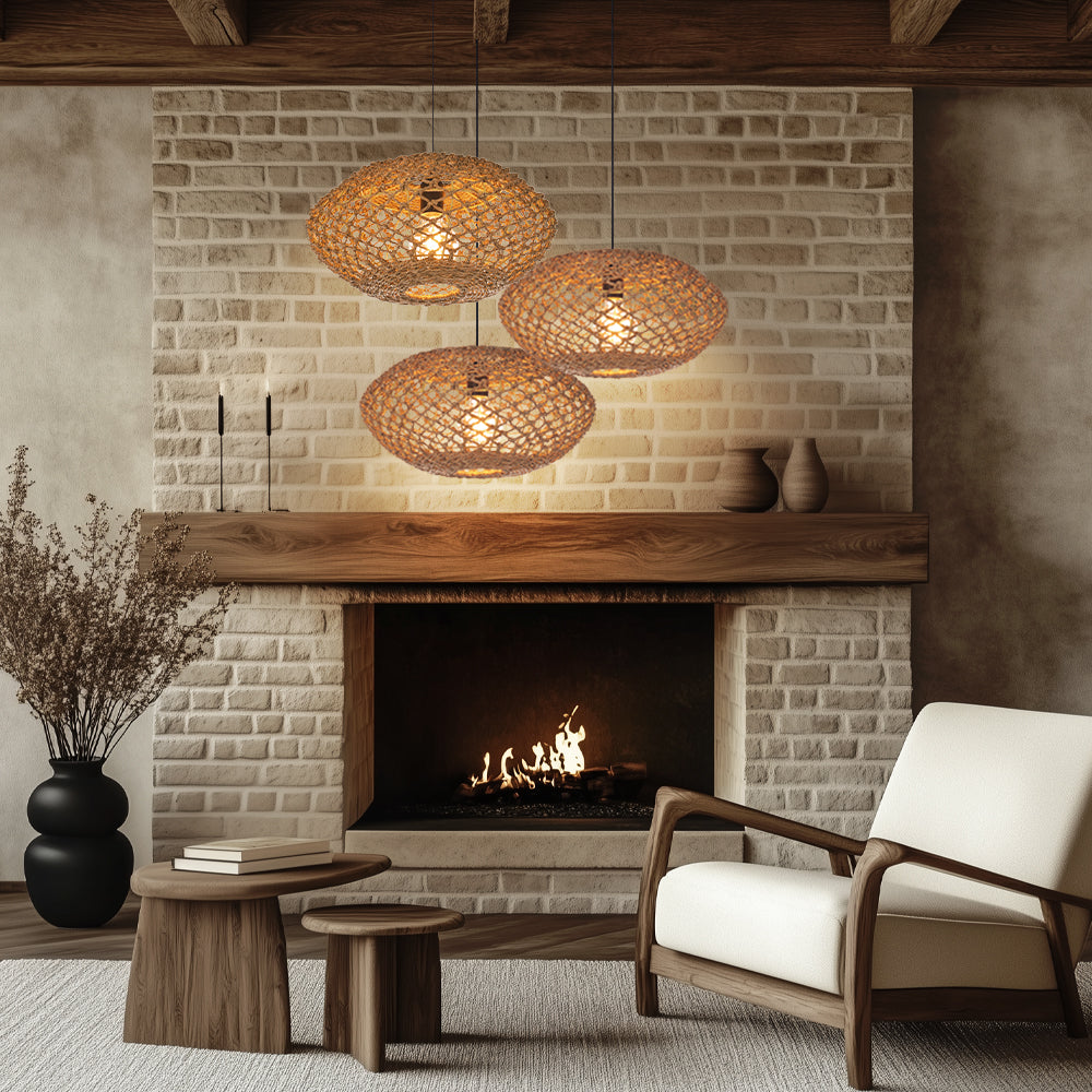 Rustic Seagrass Hanging Lamp Farmhouse Living Room Pendant