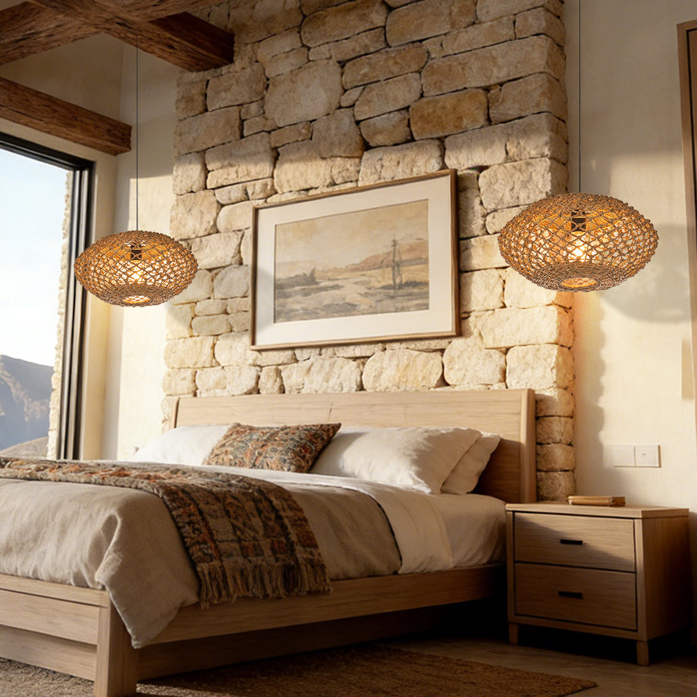 Rustic Seagrass Hanging Lamp Farmhouse Living Room Pendant